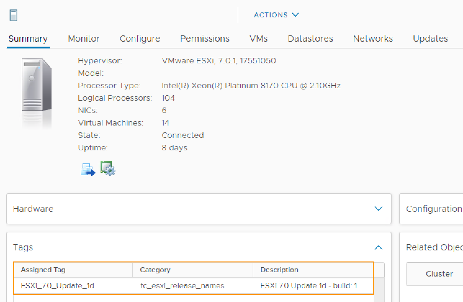 Tags applied to an ESXi host Image Caption