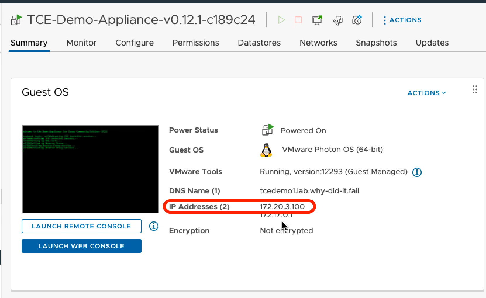 TCE demo appliance IP Image Caption