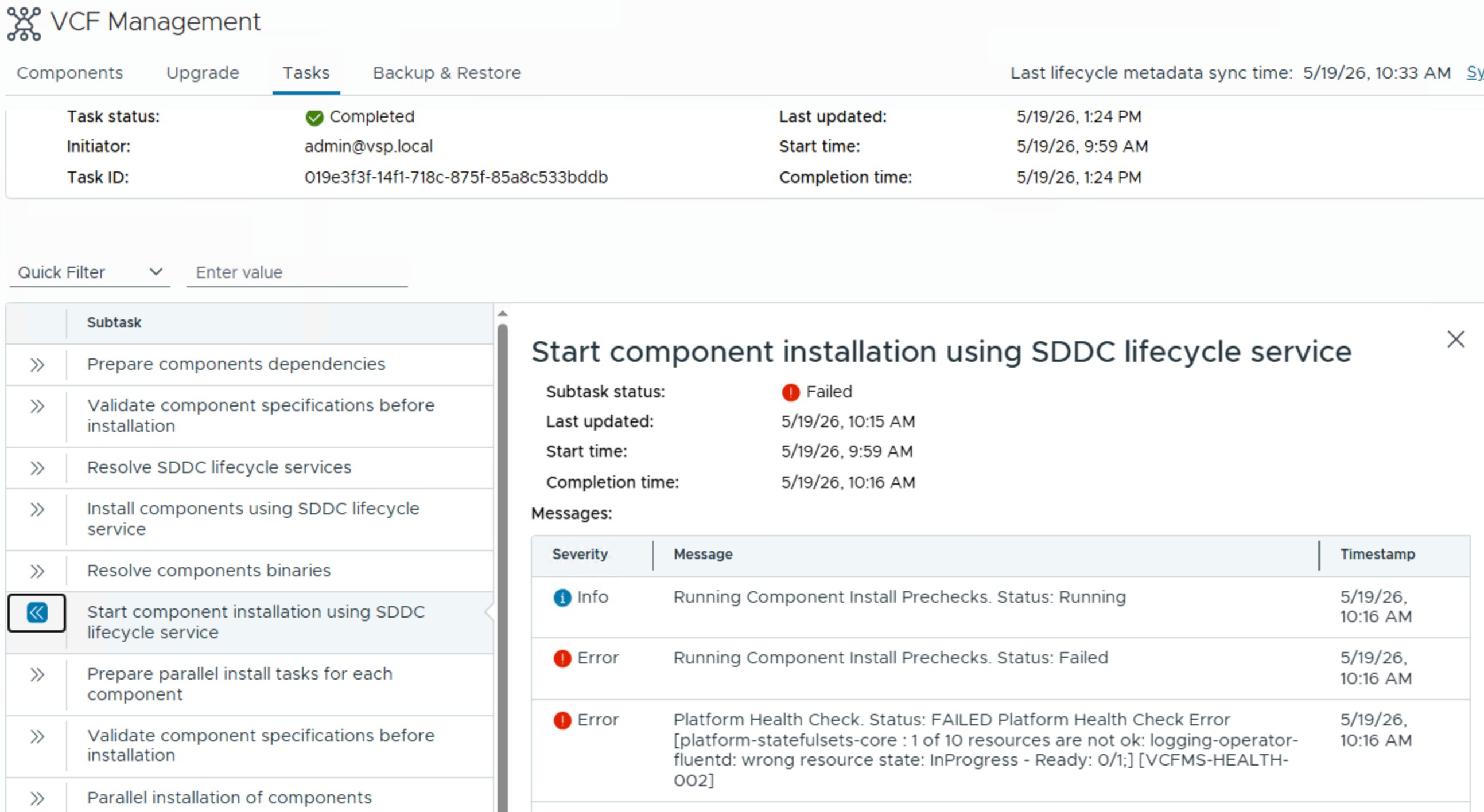 Tasks in failed stated due to VMSP health issues Image Caption